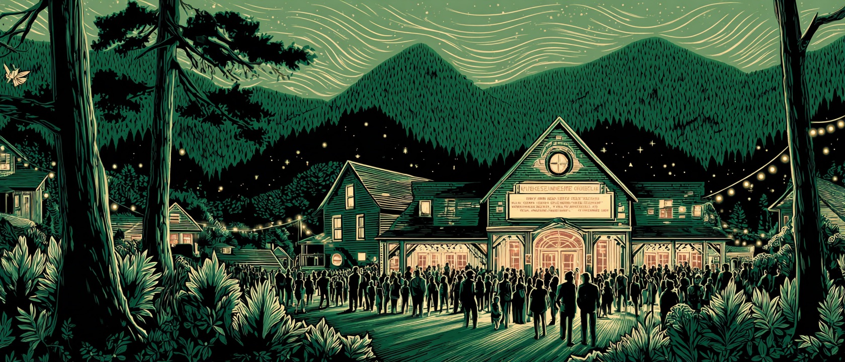 The Big Picture Theater at night, a crowd gathered under the marquee, the Green Mountains behind — a linocut illustration.