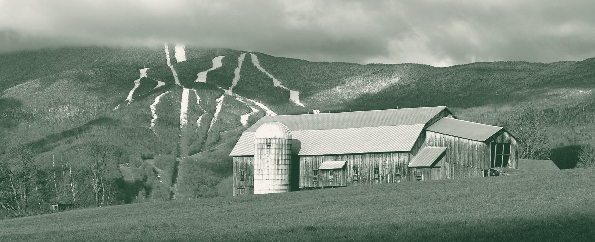 Barn and hillside in the Mad River Valley, spruce duotone