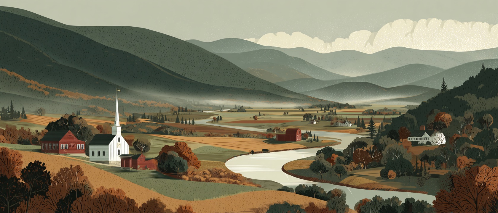 The Mad River Valley in early autumn, WPA travel-poster style